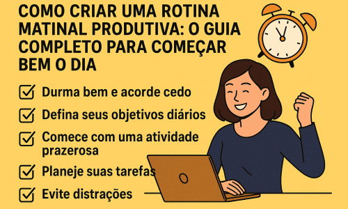 Começar o dia de maneira produtiva é fundamental para garantir que você tenha uma jornada repleta de conquistas e bem-estar. A rotina matinal pode ser a chave para ter mais energia, foco e motivação ao longo do dia. Mas, como construir uma rotina que realmente funcione? A boa notícia é que, com algumas mudanças simples e estratégias bem aplicadas, você pode criar uma rotina matinal que não só aumente sua produtividade, mas também melhore sua saúde mental e emocional.